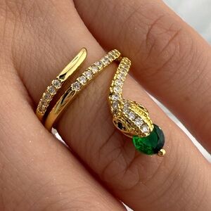 Serpent serpentine Gold Snake Ring – Green Crystal Adjustable Statement